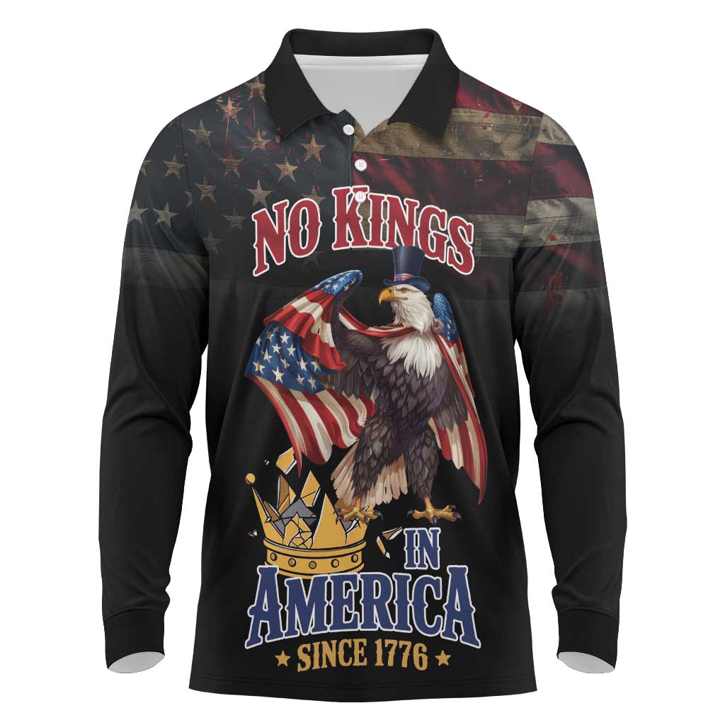 No Kings In America Since 1776 Long Sleeve Polo Shirt Eagle Crushing Crown - Wonder Print Shop
