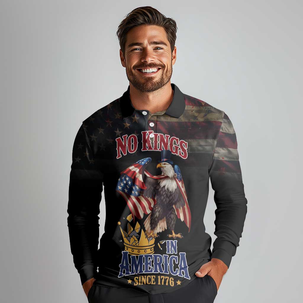 No Kings In America Since 1776 Long Sleeve Polo Shirt Eagle Crushing Crown - Wonder Print Shop