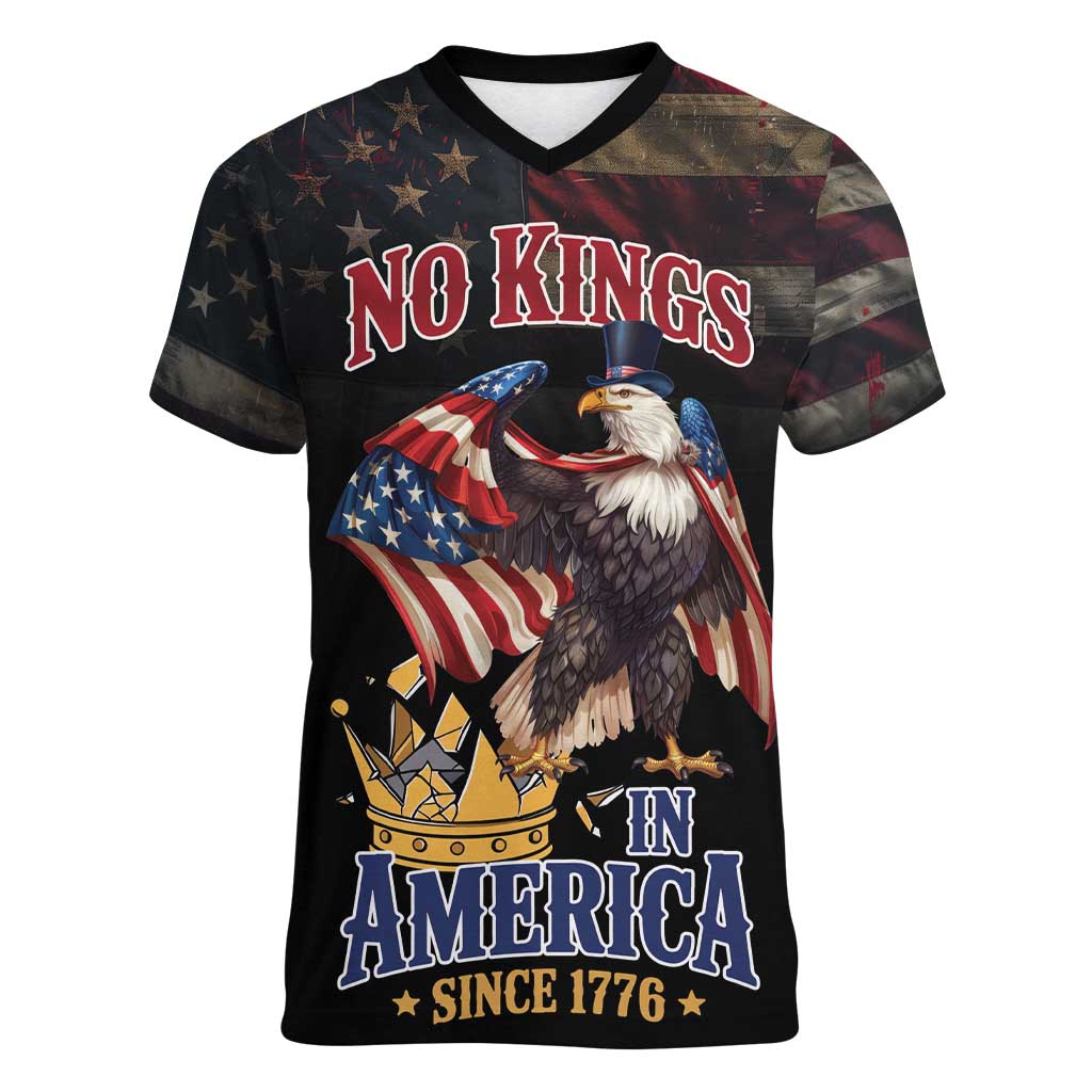 No Kings In America Since 1776 Women V-Neck T-Shirt Eagle Crushing Crown - Wonder Print Shop