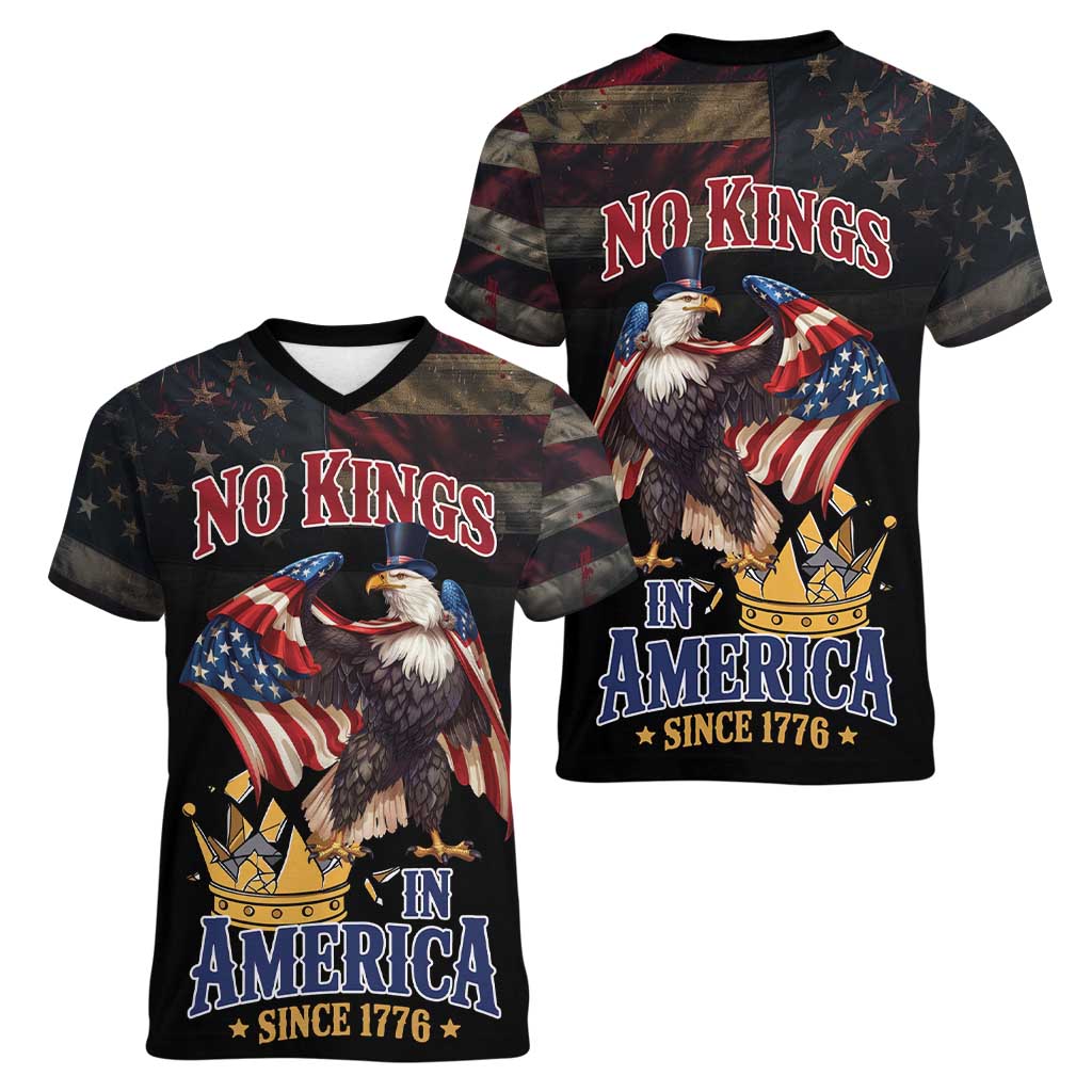 No Kings In America Since 1776 Women V-Neck T-Shirt Eagle Crushing Crown - Wonder Print Shop