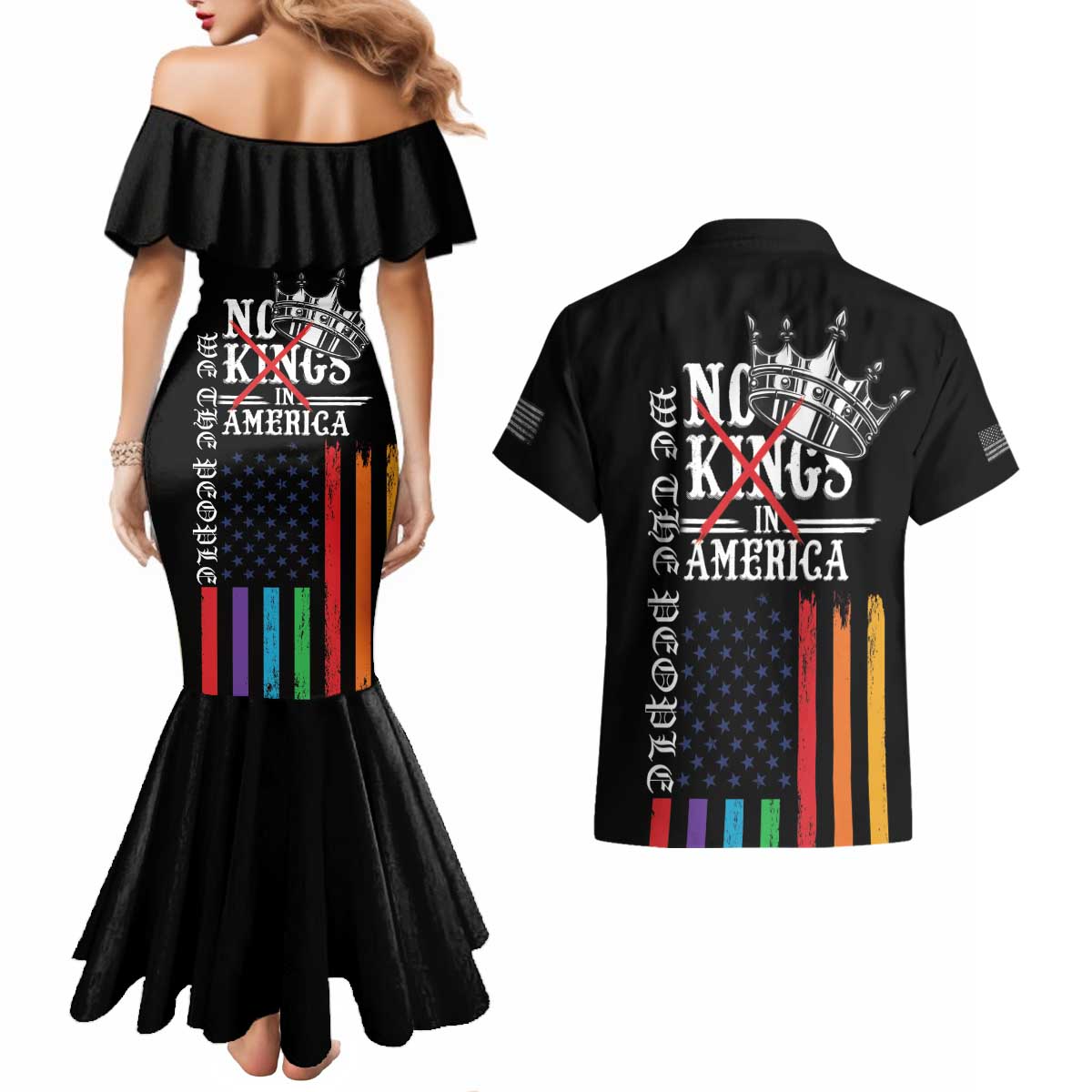 No Kings In America LGBT Couples Matching Mermaid Dress and Hawaiian Shirt We the People Say No - Wonder Print Shop