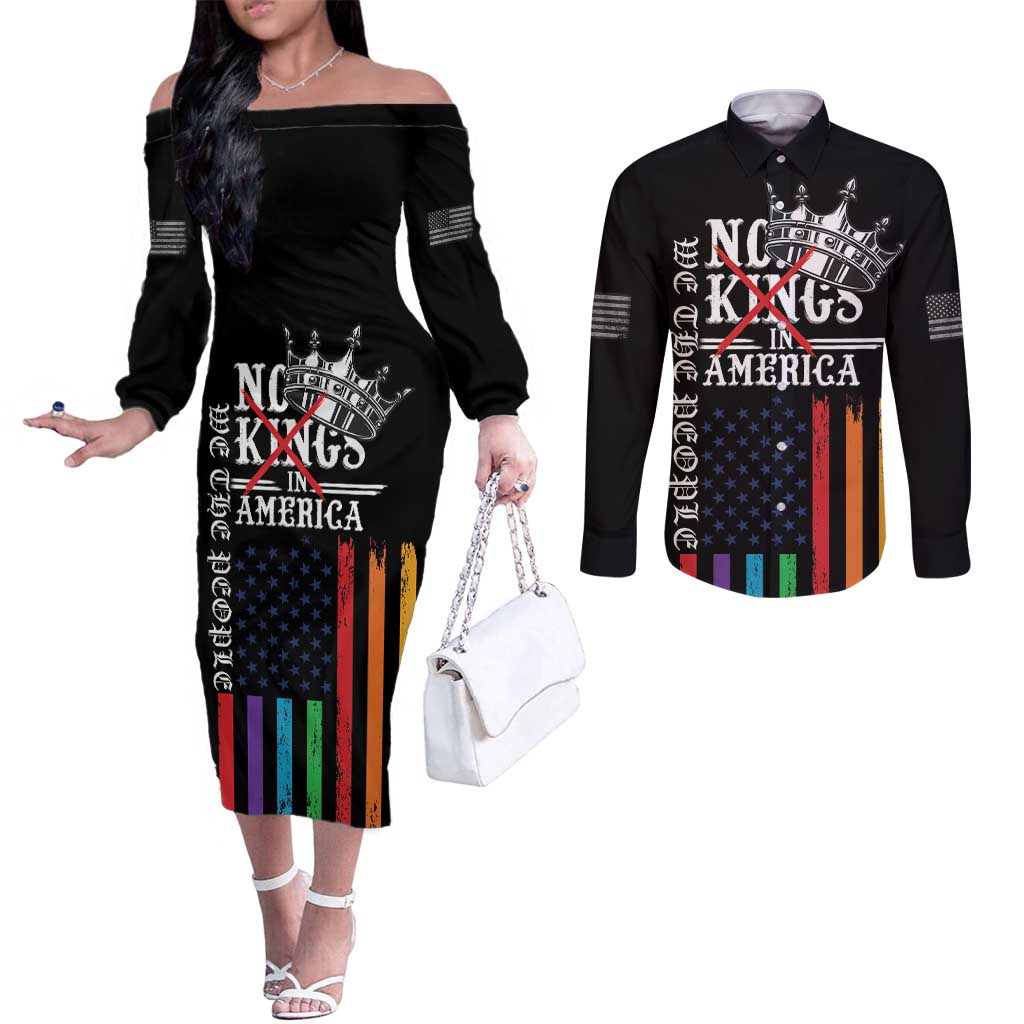 No Kings In America LGBT Couples Matching Off The Shoulder Long Sleeve Dress and Long Sleeve Button Shirt We the People Say No - Wonder Print Shop