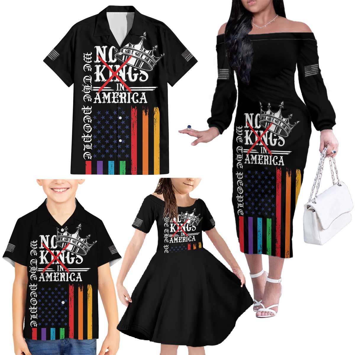 No Kings In America LGBT Family Matching Off The Shoulder Long Sleeve Dress and Hawaiian Shirt We the People Say No - Wonder Print Shop
