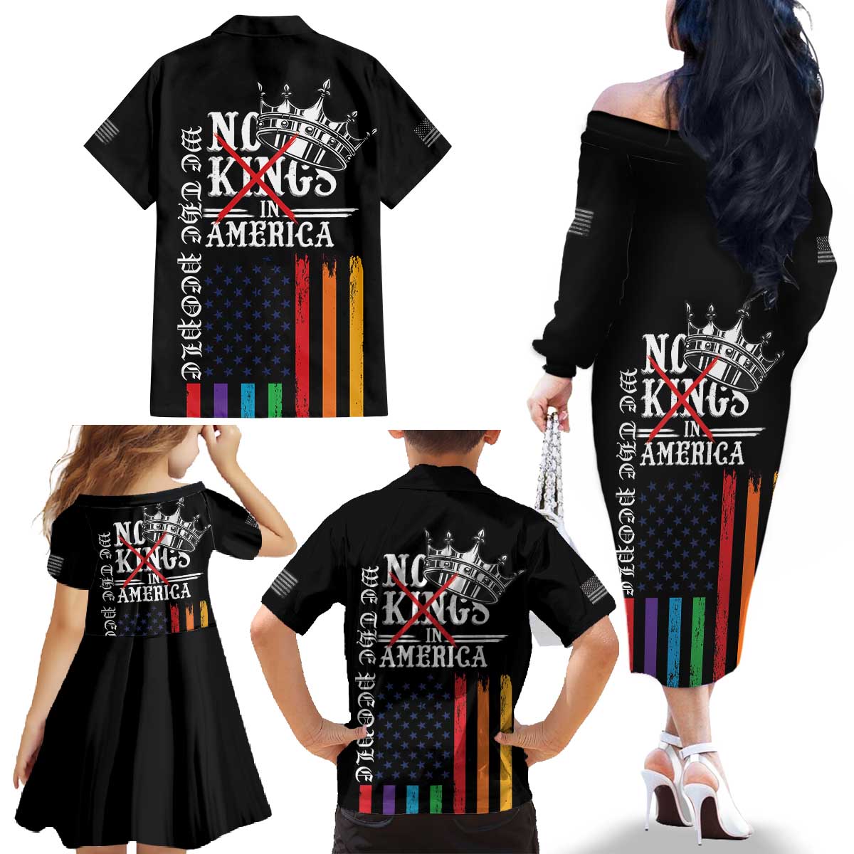 No Kings In America LGBT Family Matching Off The Shoulder Long Sleeve Dress and Hawaiian Shirt We the People Say No - Wonder Print Shop