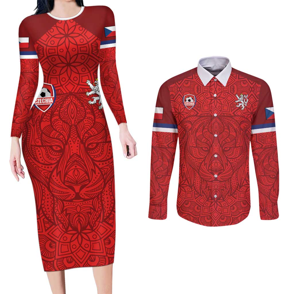 Custom Czech Republic Football Red Version Couples Matching Long Sleeve Bodycon Dress and Long Sleeve Button Shirt Go Champion Sporty Style LT18
