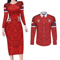 Custom Czech Republic Football Red Version Couples Matching Long Sleeve Bodycon Dress and Long Sleeve Button Shirt Go Champion Sporty Style LT18