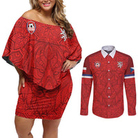 Custom Czech Republic Football Red Version Couples Matching Off Shoulder Short Dress and Long Sleeve Button Shirt Go Champion Sporty Style LT18