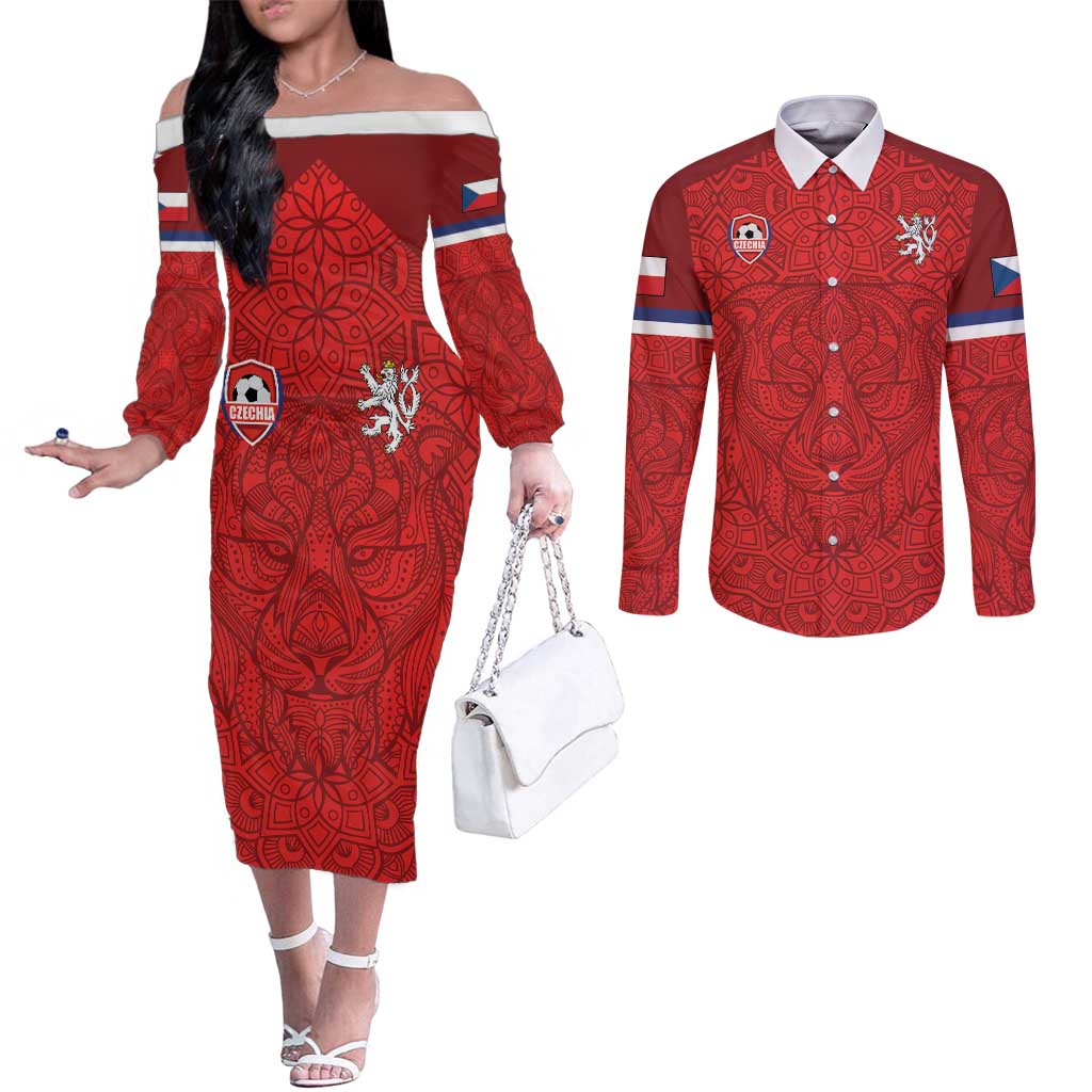 Custom Czech Republic Football Red Version Couples Matching Off The Shoulder Long Sleeve Dress and Long Sleeve Button Shirt Go Champion Sporty Style LT18