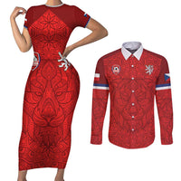 Custom Czech Republic Football Red Version Couples Matching Short Sleeve Bodycon Dress and Long Sleeve Button Shirt Go Champion Sporty Style LT18