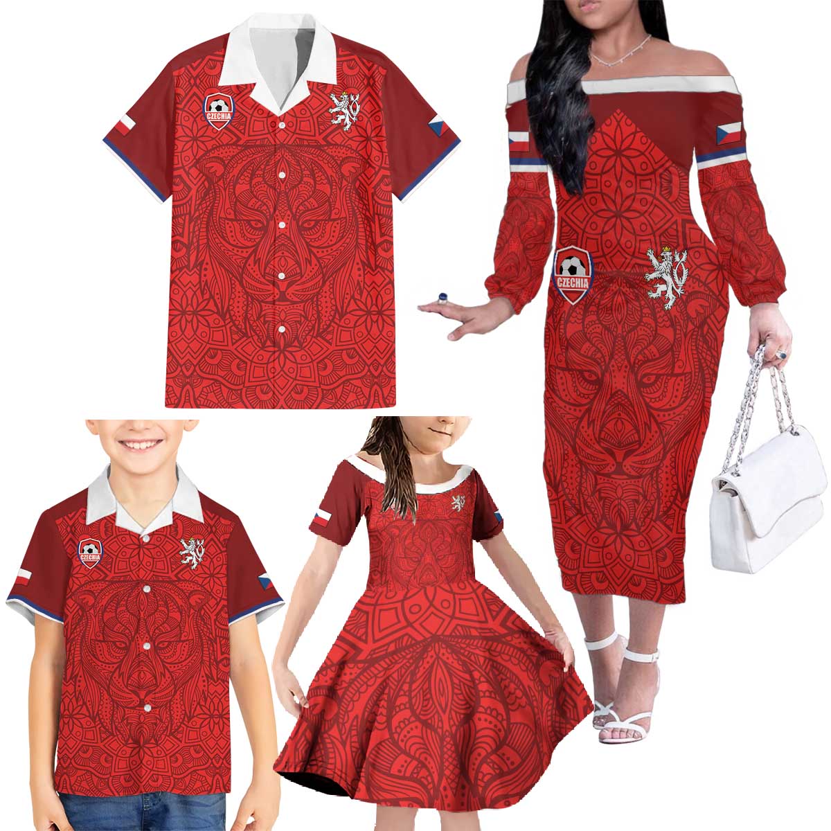 Custom Czech Republic Football Red Version Family Matching Off The Shoulder Long Sleeve Dress and Hawaiian Shirt Go Champion Sporty Style LT18