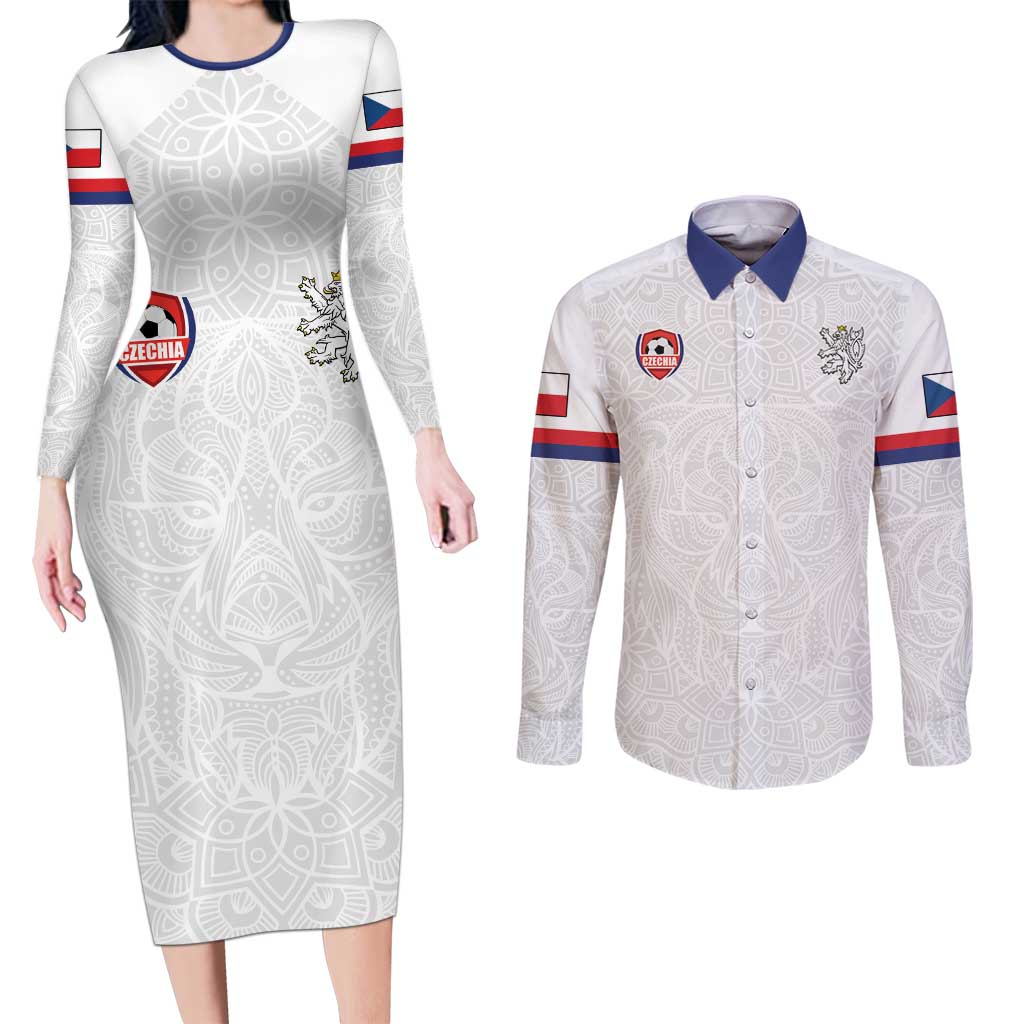 Custom Czech Republic Football White Version Couples Matching Long Sleeve Bodycon Dress and Long Sleeve Button Shirt Go Champion Sporty Style LT18