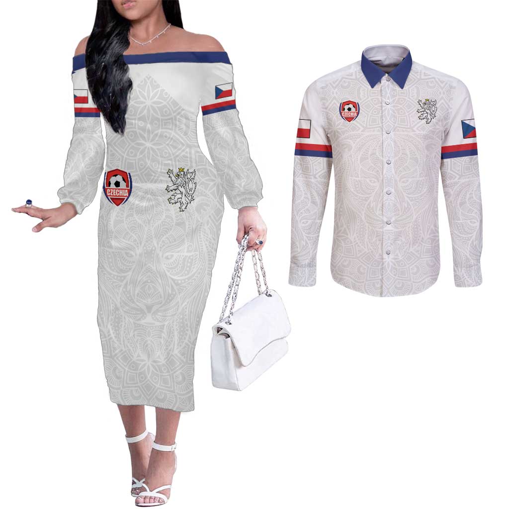 Custom Czech Republic Football White Version Couples Matching Off The Shoulder Long Sleeve Dress and Long Sleeve Button Shirt Go Champion Sporty Style LT18