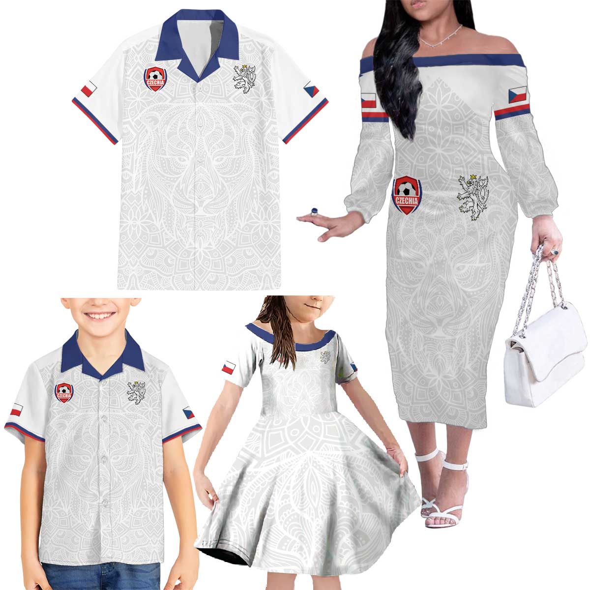 Custom Czech Republic Football White Version Family Matching Off The Shoulder Long Sleeve Dress and Hawaiian Shirt Go Champion Sporty Style LT18