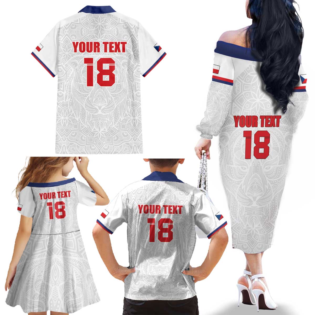 Custom Czech Republic Football White Version Family Matching Off The Shoulder Long Sleeve Dress and Hawaiian Shirt Go Champion Sporty Style LT18