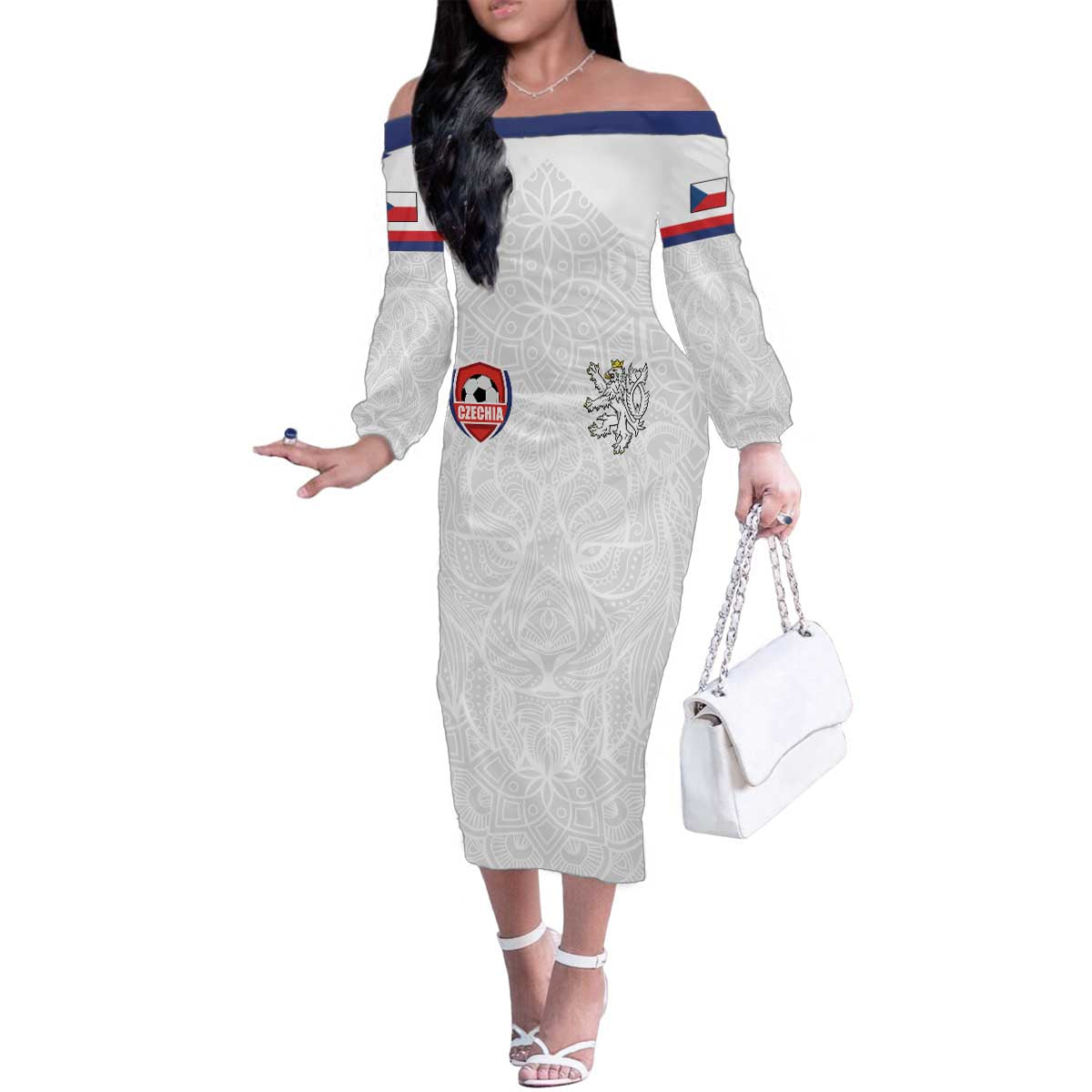 Custom Czech Republic Football White Version Family Matching Off The Shoulder Long Sleeve Dress and Hawaiian Shirt Go Champion Sporty Style LT18