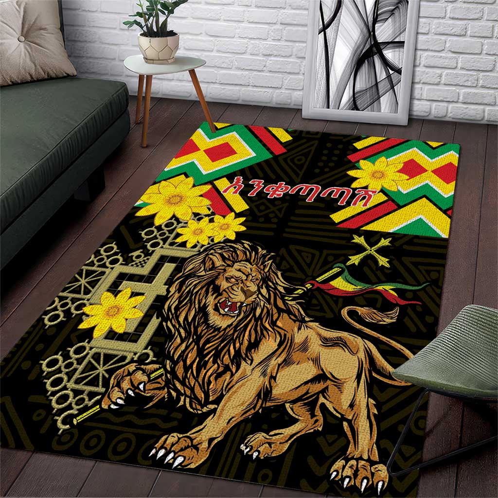Ethiopia Enkutatash Lion of Judah Area Rug With Folk Pattern - Wonder Print Shop