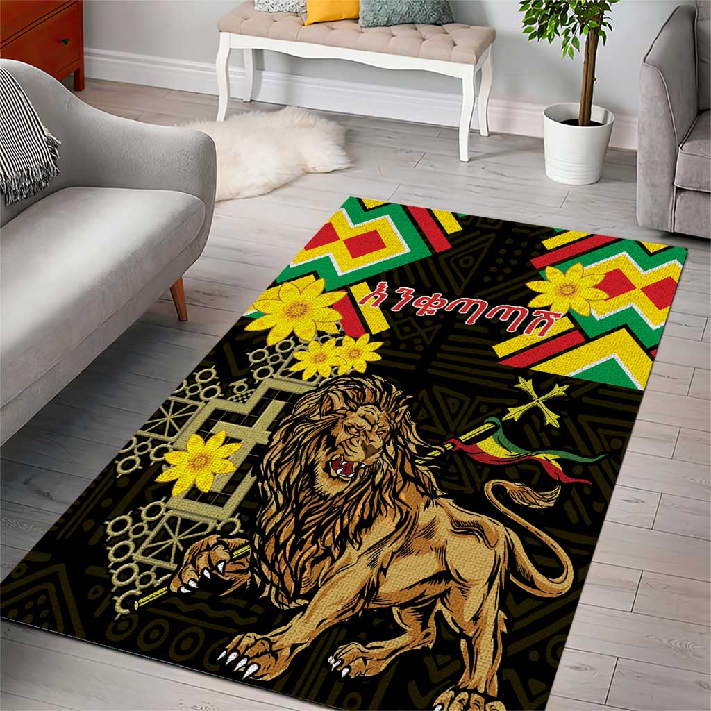 Ethiopia Enkutatash Lion of Judah Area Rug With Folk Pattern - Wonder Print Shop