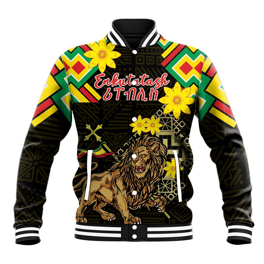 Ethiopia Enkutatash Lion of Judah Baseball Jacket With Folk Pattern - Wonder Print Shop