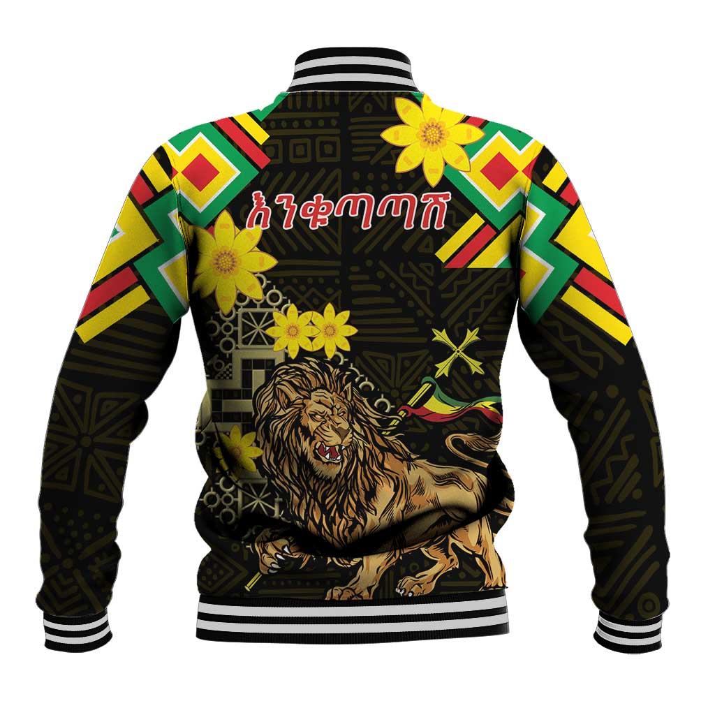 Ethiopia Enkutatash Lion of Judah Baseball Jacket With Folk Pattern - Wonder Print Shop