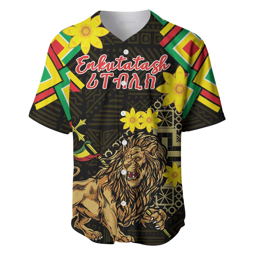 Ethiopia Enkutatash Lion of Judah Baseball Jersey With Folk Pattern - Wonder Print Shop