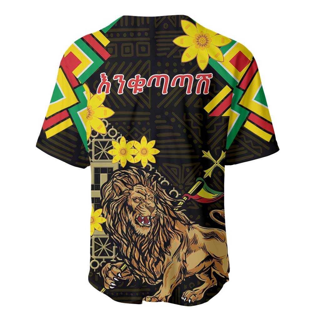 Ethiopia Enkutatash Lion of Judah Baseball Jersey With Folk Pattern - Wonder Print Shop