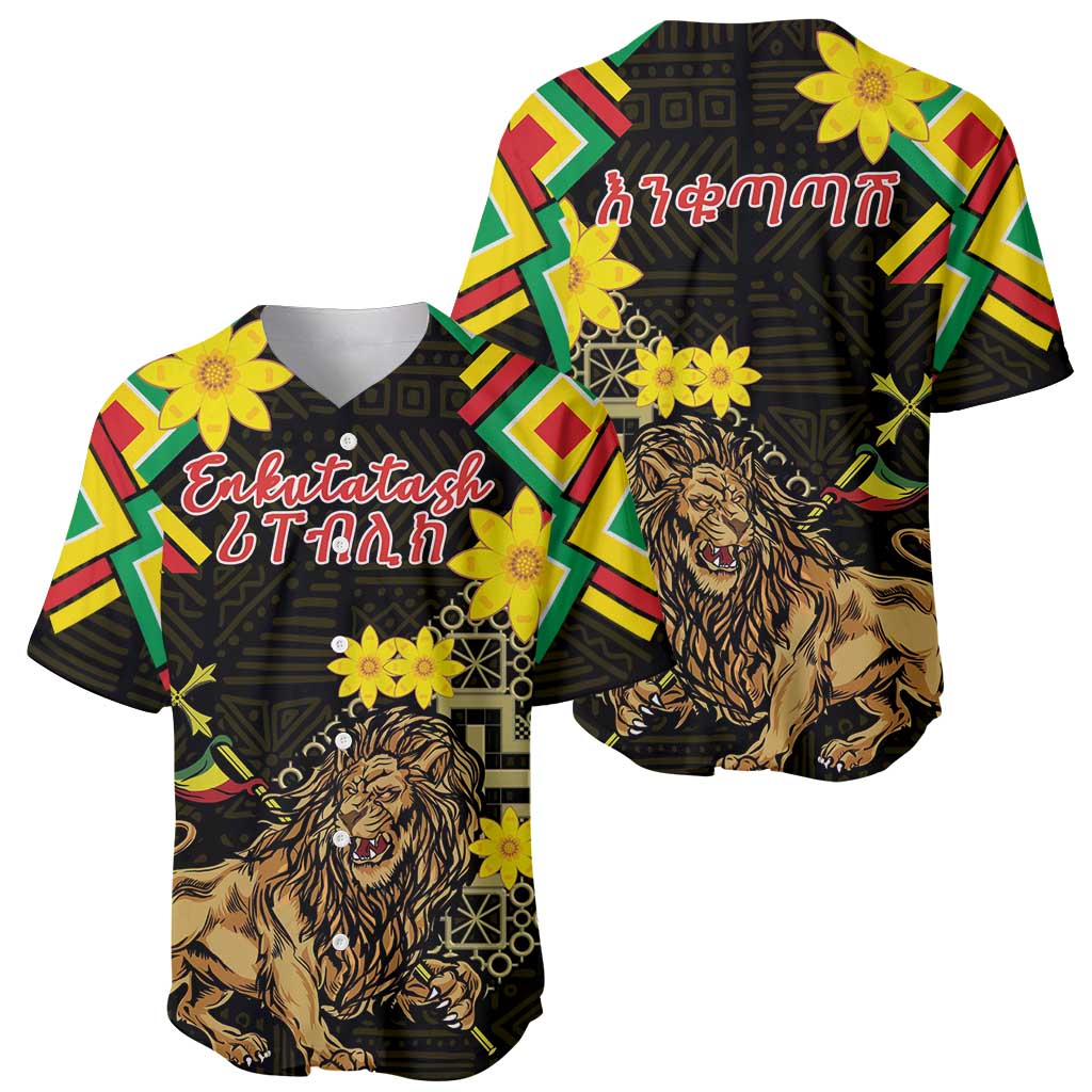 Ethiopia Enkutatash Lion of Judah Baseball Jersey With Folk Pattern - Wonder Print Shop