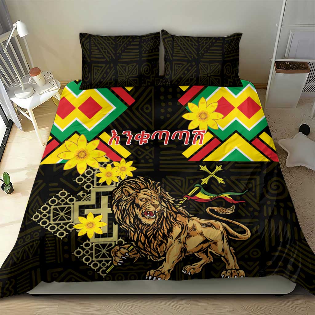 Ethiopia Enkutatash Lion of Judah Bedding Set With Folk Pattern - Wonder Print Shop