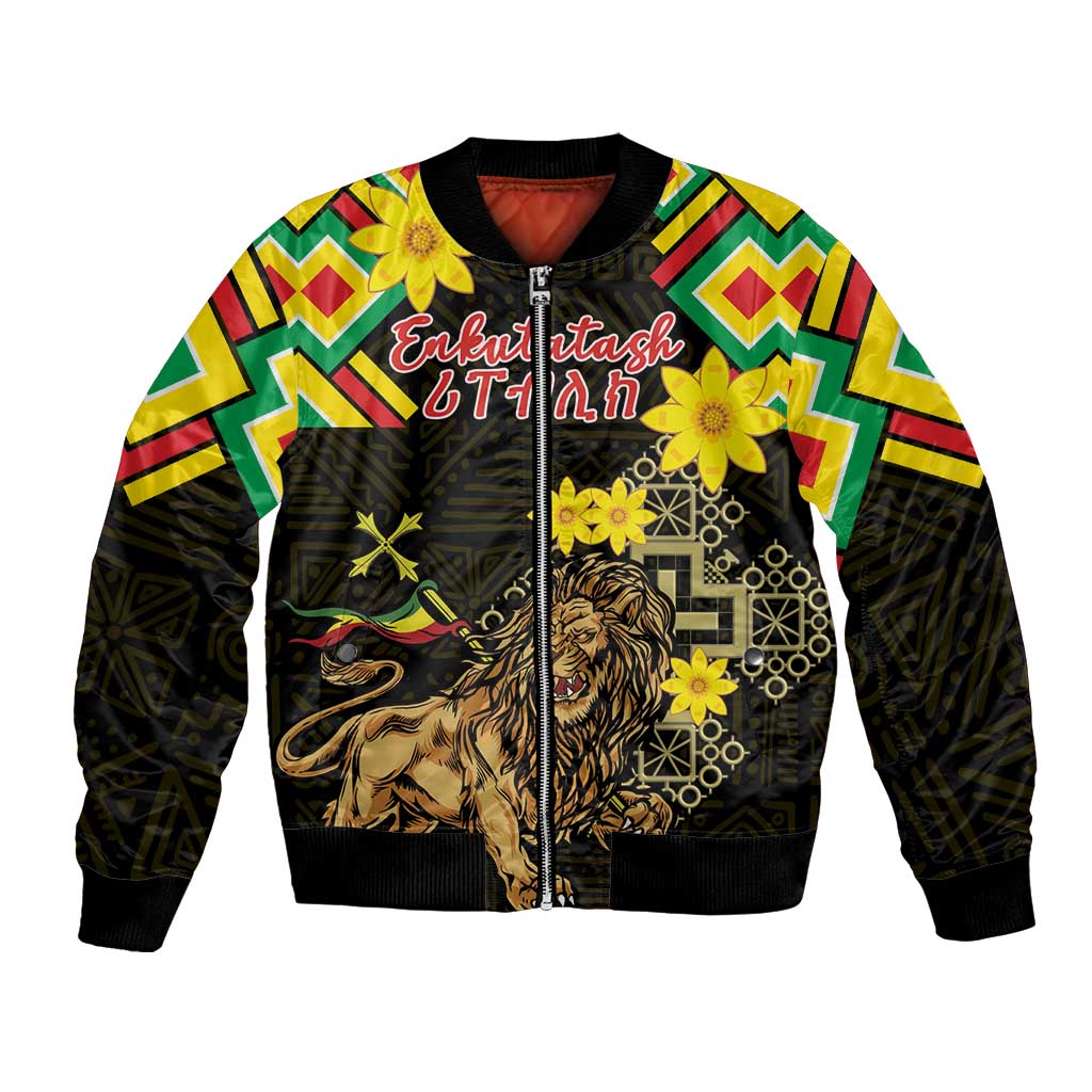 Ethiopia Enkutatash Lion of Judah Bomber Jacket With Folk Pattern - Wonder Print Shop