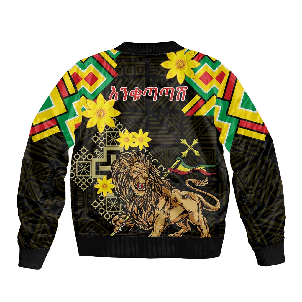 Ethiopia Enkutatash Lion of Judah Bomber Jacket With Folk Pattern - Wonder Print Shop