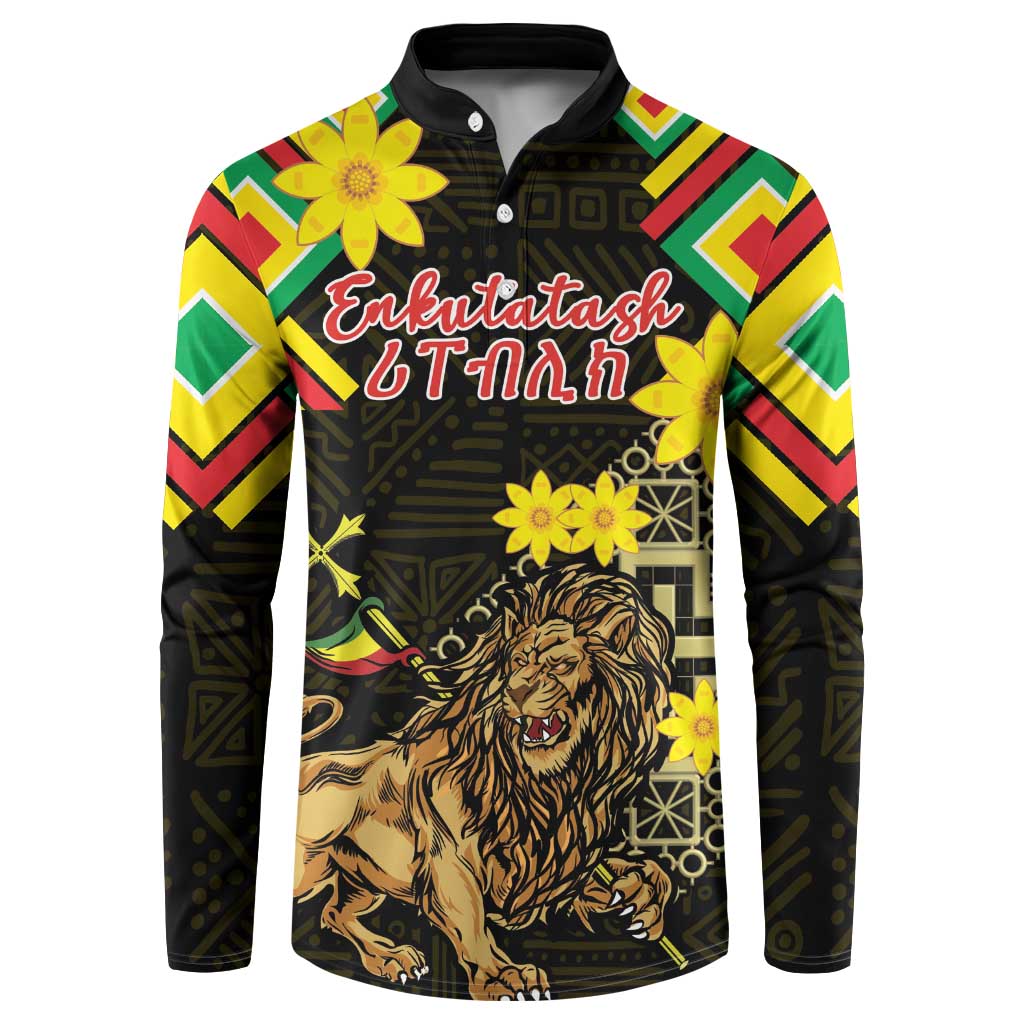 Ethiopia Enkutatash Lion of Judah Button Sweatshirt With Folk Pattern - Wonder Print Shop
