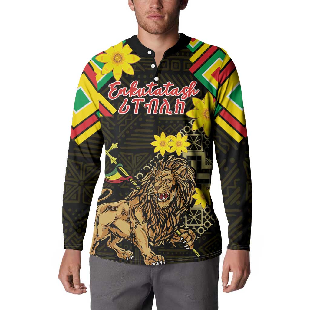 Ethiopia Enkutatash Lion of Judah Button Sweatshirt With Folk Pattern - Wonder Print Shop