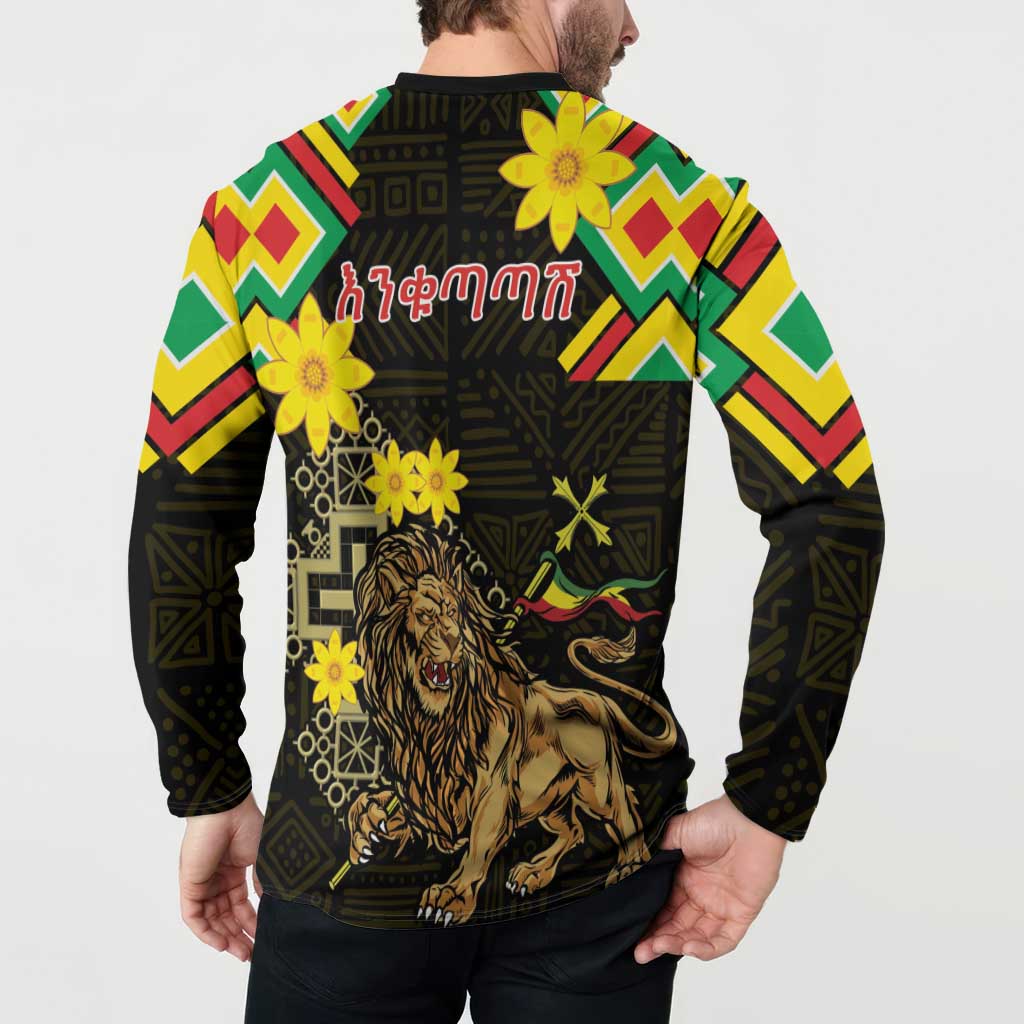 Ethiopia Enkutatash Lion of Judah Button Sweatshirt With Folk Pattern - Wonder Print Shop