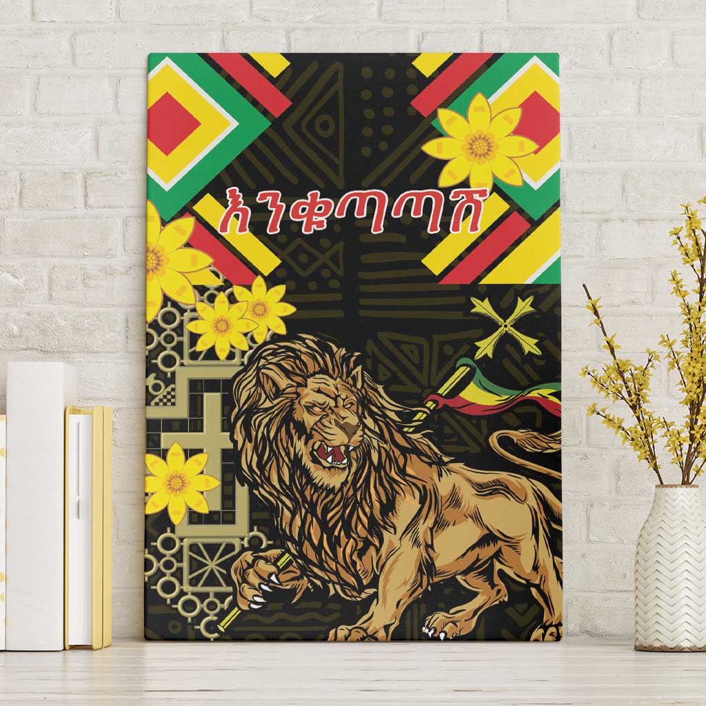 Ethiopia Enkutatash Lion of Judah Canvas Wall Art With Folk Pattern - Wonder Print Shop