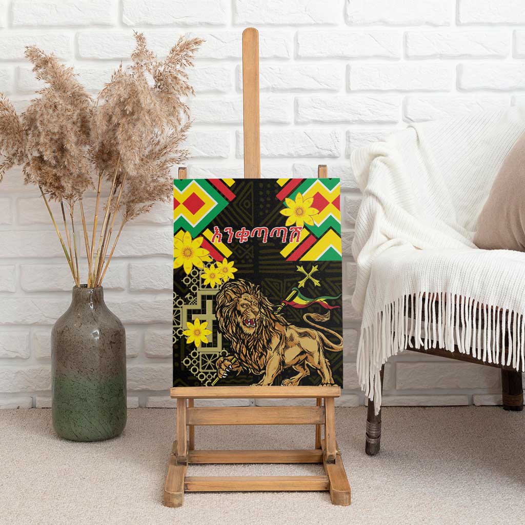Ethiopia Enkutatash Lion of Judah Canvas Wall Art With Folk Pattern - Wonder Print Shop