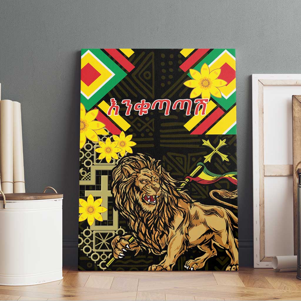 Ethiopia Enkutatash Lion of Judah Canvas Wall Art With Folk Pattern - Wonder Print Shop