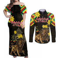 Ethiopia Enkutatash Lion of Judah Couples Matching Off Shoulder Maxi Dress and Long Sleeve Button Shirt With Folk Pattern - Wonder Print Shop
