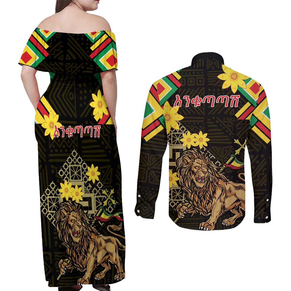 Ethiopia Enkutatash Lion of Judah Couples Matching Off Shoulder Maxi Dress and Long Sleeve Button Shirt With Folk Pattern - Wonder Print Shop