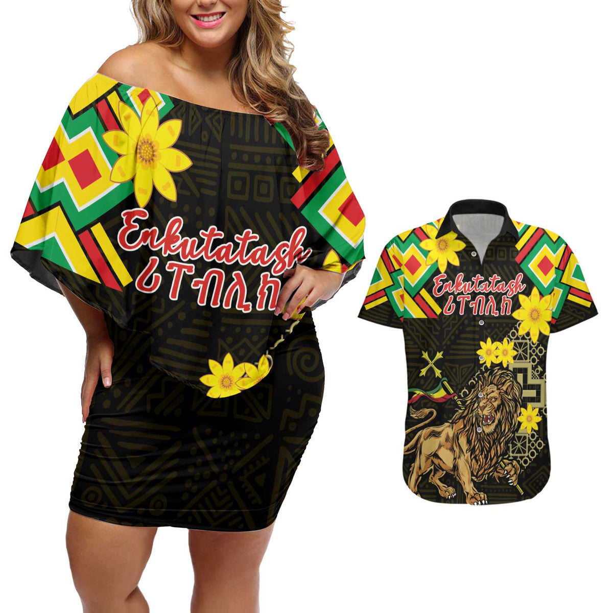 Ethiopia Enkutatash Lion of Judah Couples Matching Off Shoulder Short Dress and Hawaiian Shirt With Folk Pattern - Wonder Print Shop
