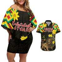Ethiopia Enkutatash Lion of Judah Couples Matching Off Shoulder Short Dress and Hawaiian Shirt With Folk Pattern - Wonder Print Shop