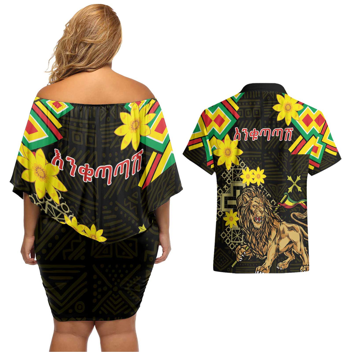Ethiopia Enkutatash Lion of Judah Couples Matching Off Shoulder Short Dress and Hawaiian Shirt With Folk Pattern - Wonder Print Shop