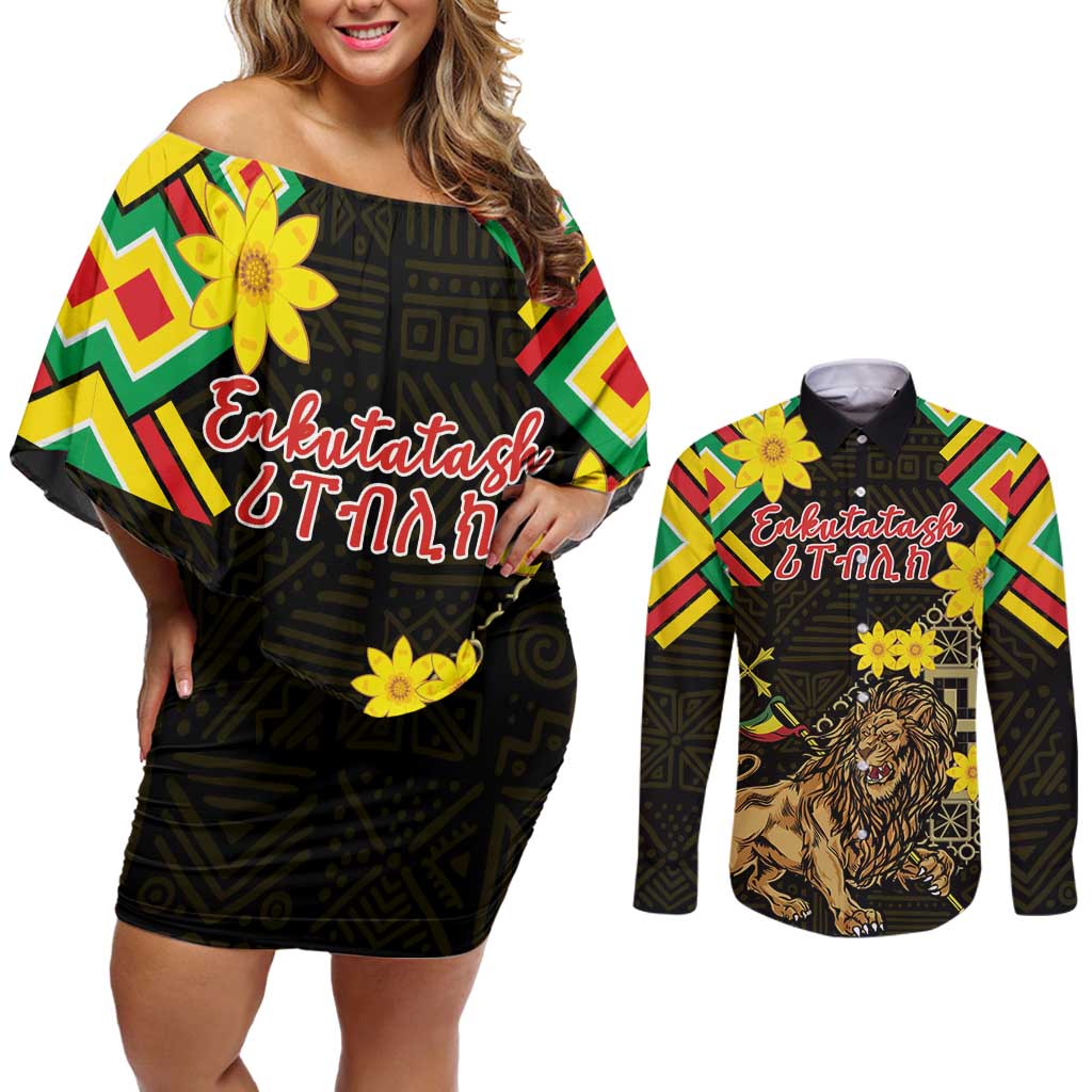 Ethiopia Enkutatash Lion of Judah Couples Matching Off Shoulder Short Dress and Long Sleeve Button Shirt With Folk Pattern - Wonder Print Shop