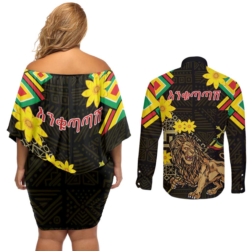 Ethiopia Enkutatash Lion of Judah Couples Matching Off Shoulder Short Dress and Long Sleeve Button Shirt With Folk Pattern - Wonder Print Shop