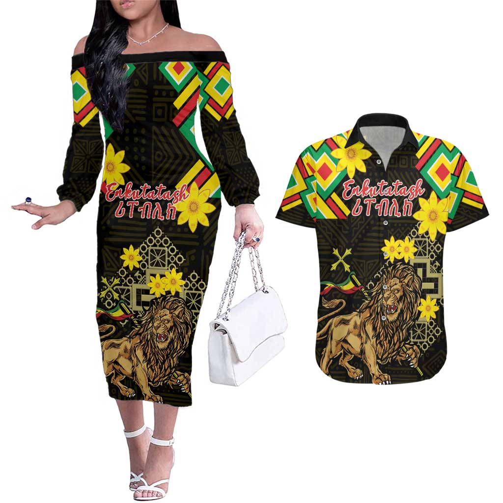 Ethiopia Enkutatash Lion of Judah Couples Matching Off The Shoulder Long Sleeve Dress and Hawaiian Shirt With Folk Pattern - Wonder Print Shop