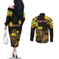 Ethiopia Enkutatash Lion of Judah Couples Matching Off The Shoulder Long Sleeve Dress and Long Sleeve Button Shirt With Folk Pattern