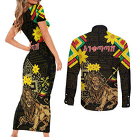 Ethiopia Enkutatash Lion of Judah Couples Matching Short Sleeve Bodycon Dress and Long Sleeve Button Shirt With Folk Pattern - Wonder Print Shop