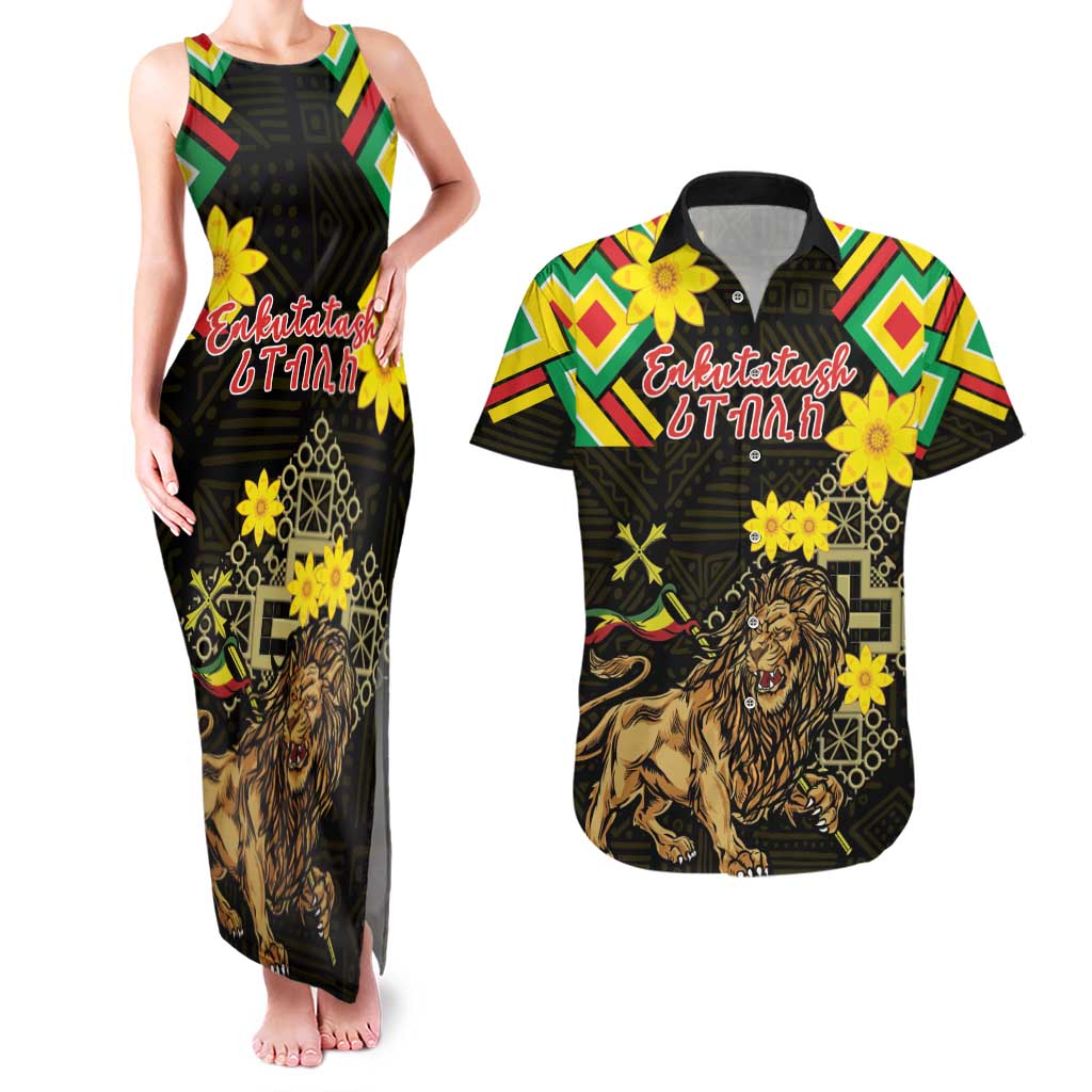 Ethiopia Enkutatash Lion of Judah Couples Matching Tank Maxi Dress and Hawaiian Shirt With Folk Pattern - Wonder Print Shop