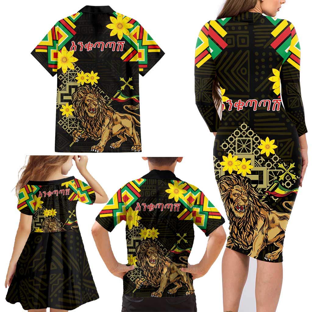Ethiopia Enkutatash Lion of Judah Family Matching Long Sleeve Bodycon Dress and Hawaiian Shirt With Folk Pattern - Wonder Print Shop