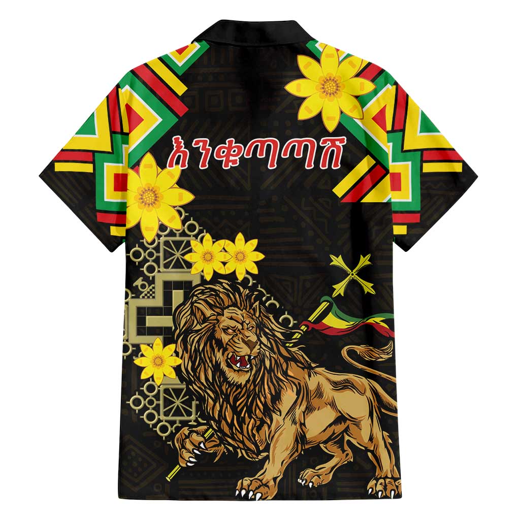 Ethiopia Enkutatash Lion of Judah Family Matching Long Sleeve Bodycon Dress and Hawaiian Shirt With Folk Pattern - Wonder Print Shop
