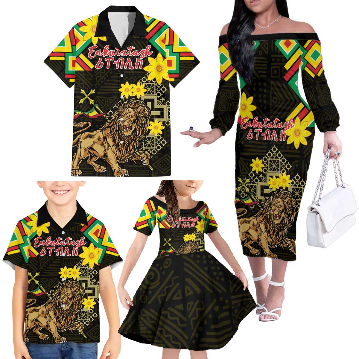 Ethiopia Enkutatash Lion of Judah Family Matching Off The Shoulder Long Sleeve Dress and Hawaiian Shirt With Folk Pattern - Wonder Print Shop