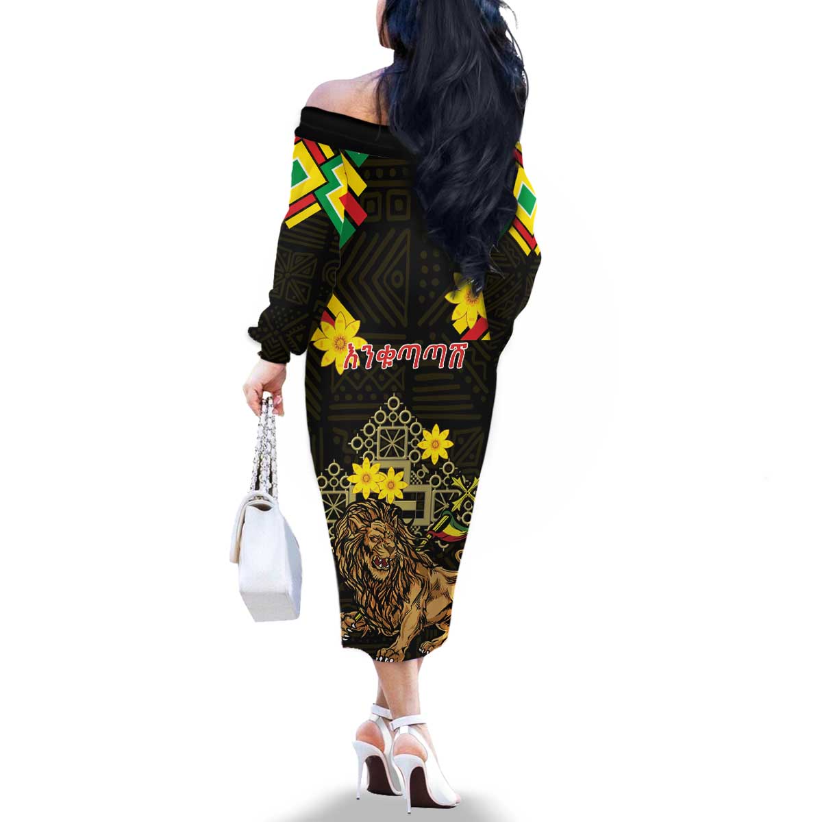 Ethiopia Enkutatash Lion of Judah Family Matching Off The Shoulder Long Sleeve Dress and Hawaiian Shirt With Folk Pattern - Wonder Print Shop